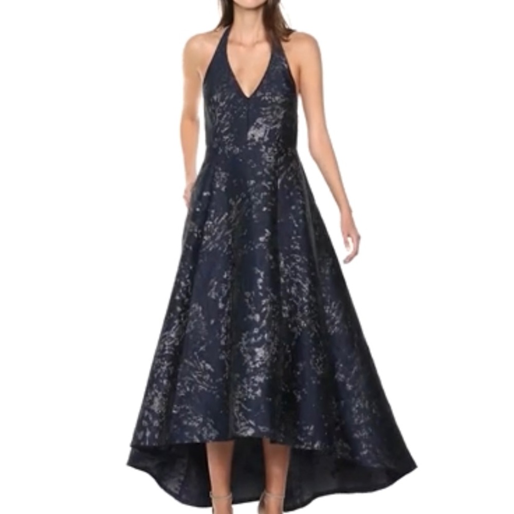 Vera Wang Navy Jaquard Halter Ballgown